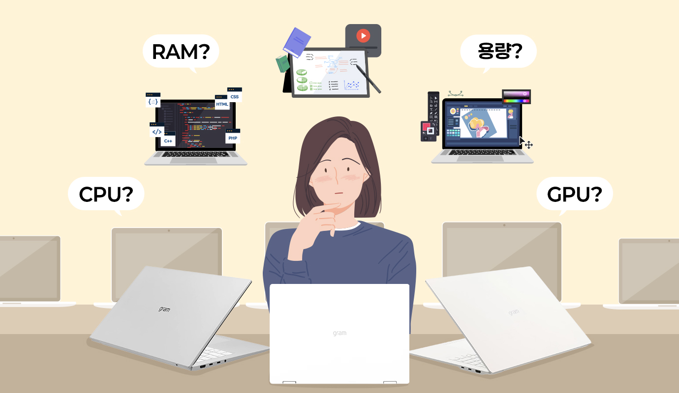 CPU, RAM, GPU, 용량 등 사양 선택에 고민하는 대학생이 노트북 앞에서 생각하는 모습, 전공별 대학생 노트북 추천 상황