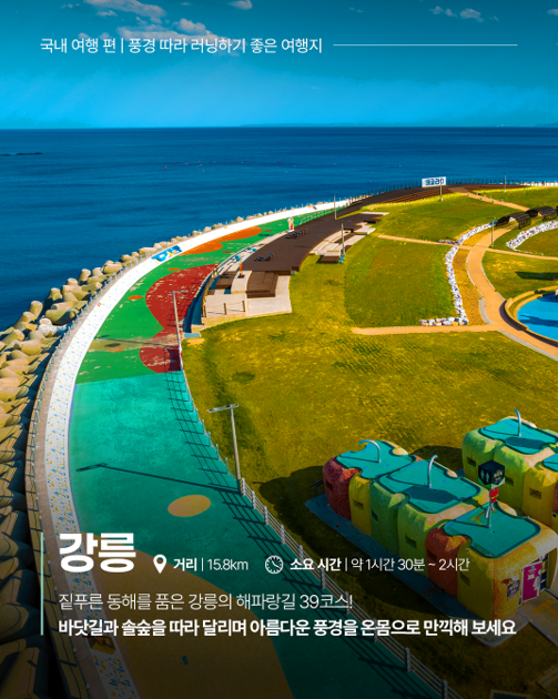 국내 여행 편 | 풍경 따라 러닝하기 좋은 여행지, 강릉 거리|15.8km 소요 시간|약 1시간 30분~2시간, 짙푸른 동해를 품은 강릉의 해파랑길 39코스! 바닷길과 솔숲을 따라 달리며 아름다운 풍경을 온몸으로 만끽해 보세요