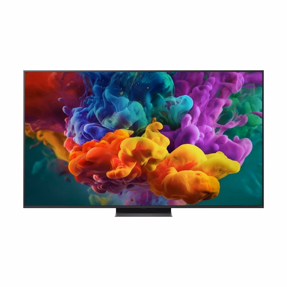 흰 배경에 스탠드로 세운 대형 TV 정면, 화면에 여러 색 연기가 퍼지는 영상이 나오는 모습