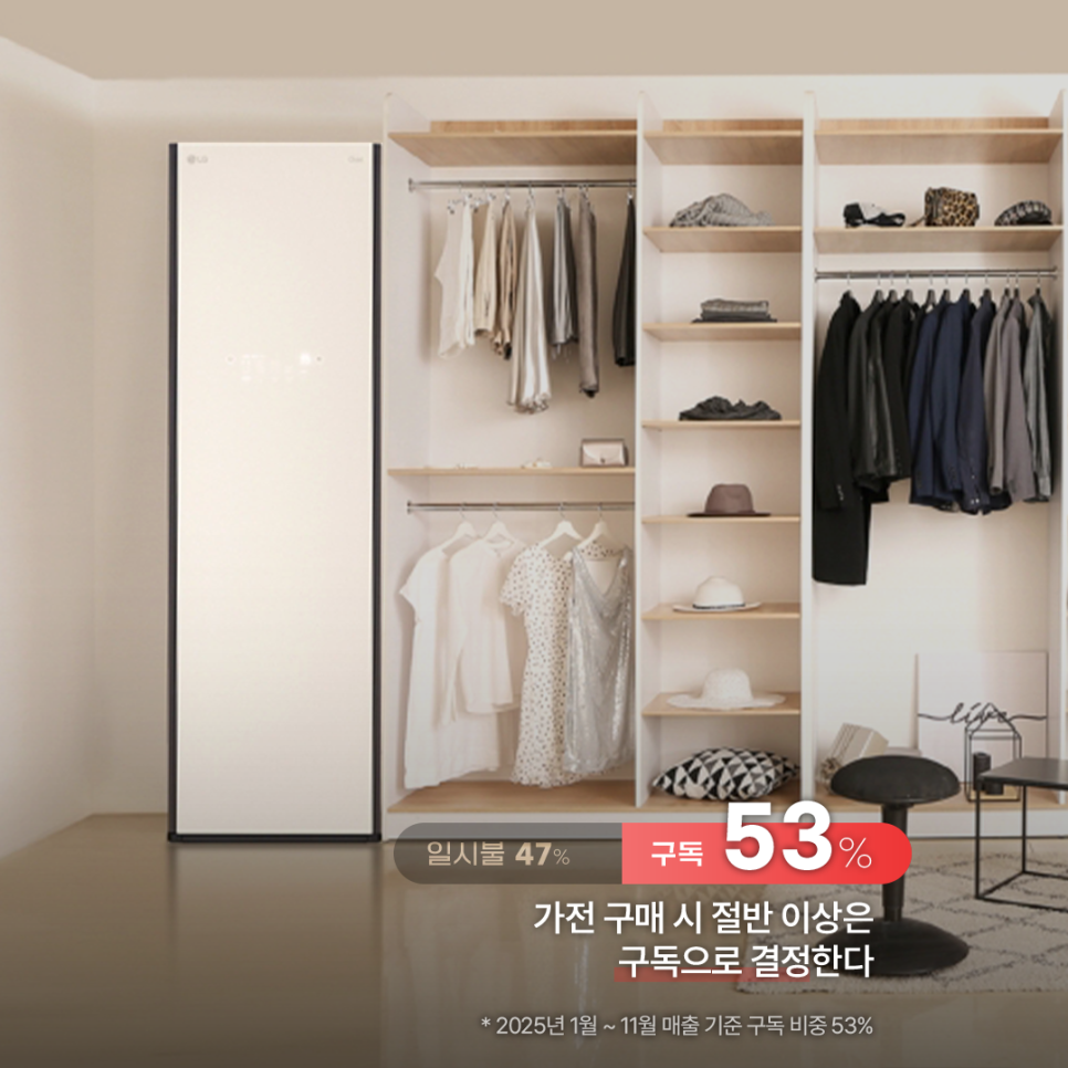 LG전자 가전 구매 시 절반 이상인 53%가 구독으로 선택한다는 이용 비중 데이터결과