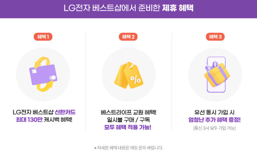 LG전자 베스트샵에서 준비한 제휴 혜택 3가지 혜택1 신한카드 최대 130만 캐시백 혜택 혜택2 베스트라이프 교원 혜택 일시불 구매 구독 모두 혜택 적용 가능 혜택3 유선 동시 가입 시 추가 혜택 증정 통신 3사 모두 가입 가능
