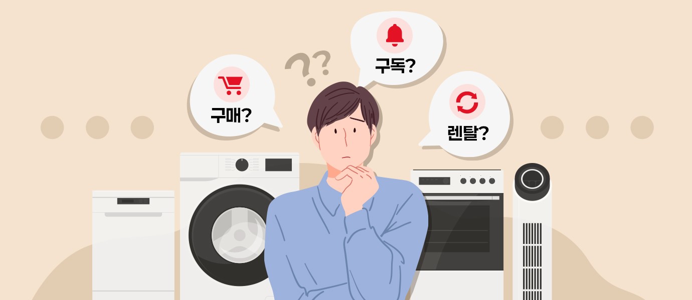 가전을 장만하려는 고객이 ‘구매’ 방식과 ‘렌탈’ 방식과 ‘구독’ 방식을 떠올리며 고민하는 상황의 일러스트