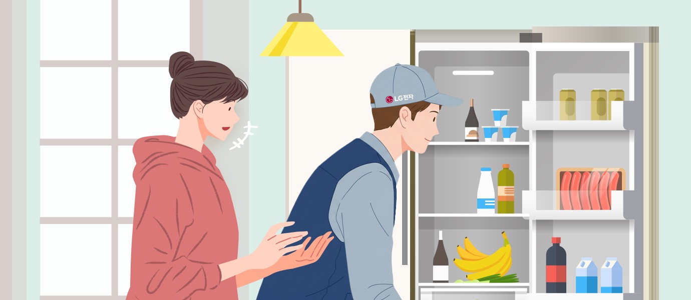 LG전자 가전 구독 서비스를 통해 집으로 방문한 전문가가 가전 제품을 점검하고 고객이 안심하고 만족하는 모습