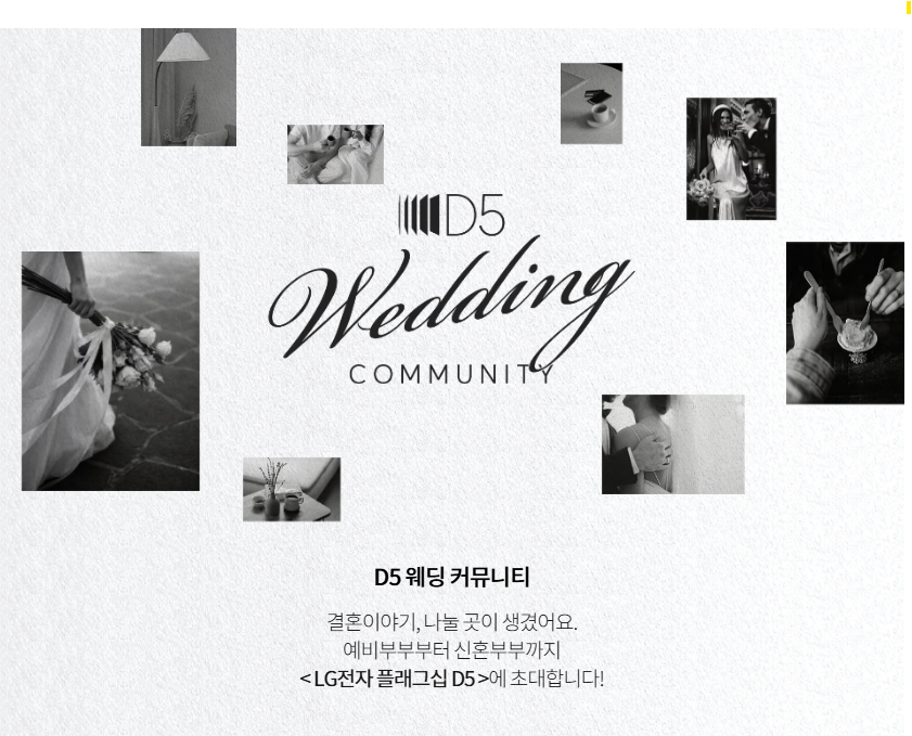 LG전자 D5 웨딩 커뮤니티 소개 — 예비·신혼부부 전용 무료 취미 클래스 프로그램. 결혼·신혼 관련 다양한 테마의 클래스, 서울 강남 D5 4층에서 매주 수요일·금요일 무료 운영