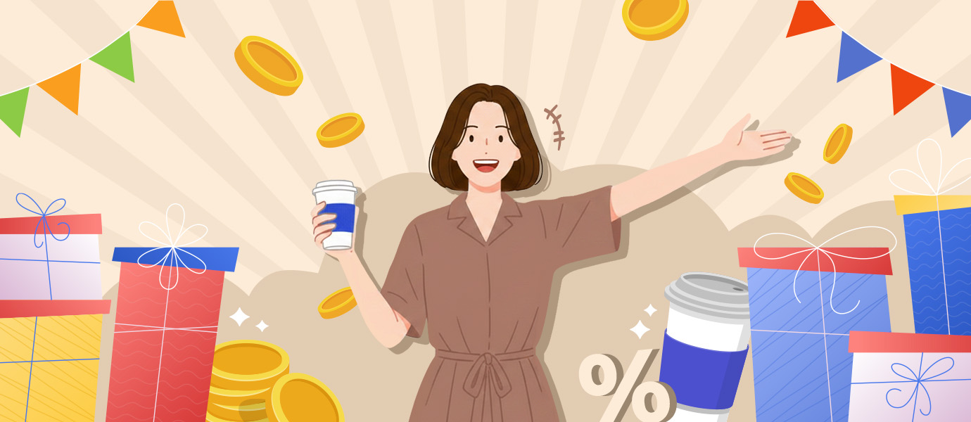 사람이 파란색 띠지가 둘러진 커피를 마시면서, 다양한 선물에 기뻐하고 있는 모습