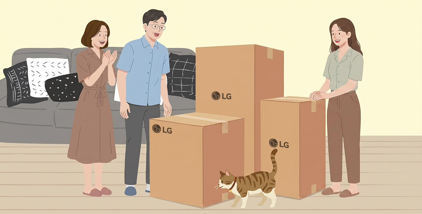 LG 로고가 새겨진 가전 박스가 거실에 놓여 있고, 어버이날 가전 선물을 받은 부모님이 환하게 웃으며 좋아하는 모습. 옆에는 자녀와 고양이가 함께 서있는 가로형 배너